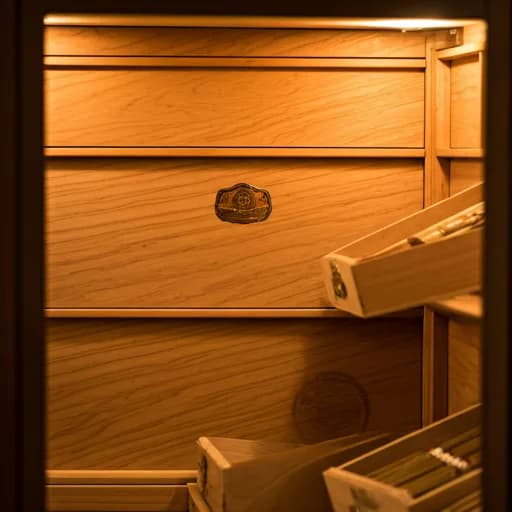 Interior of a luxury humidor with rows of wooden boxes and cigars under soft, warm lighting.
